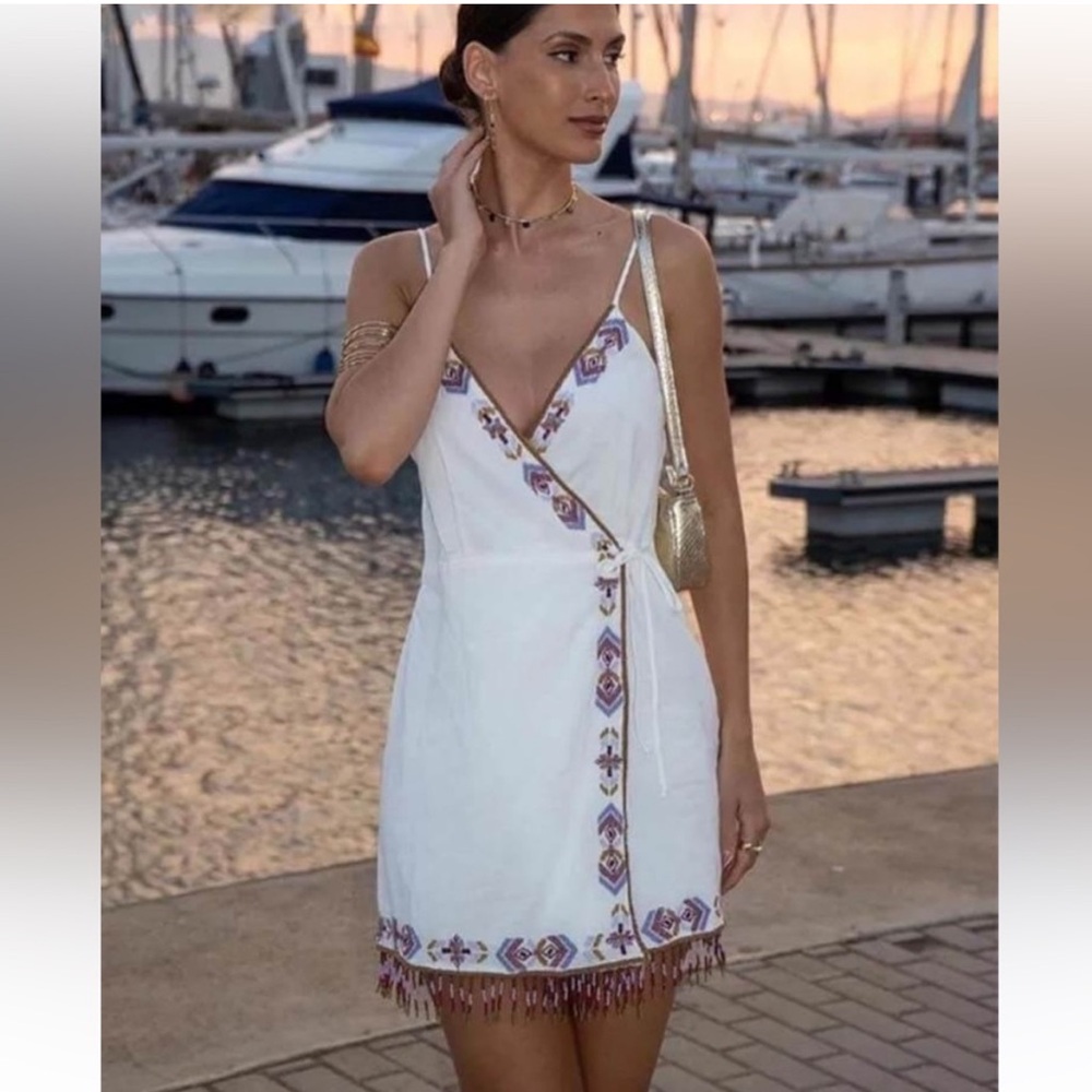 Zara Embroidered fringe beaded hem Mini Dress Blogger Favorite